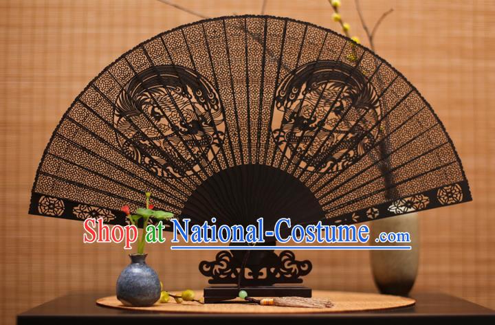 Traditional Chinese Crafts Ebony Folding Fan Carving Dragons Sandalwood Fans for Women