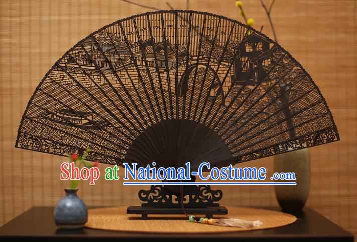 Traditional Chinese Crafts Ebony Folding Fan Carving Scenery Sandalwood Fans for Women