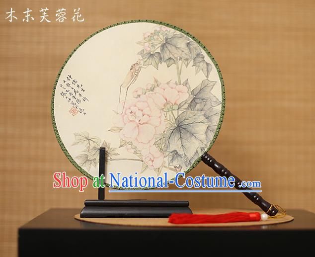 Traditional Chinese Crafts Printing Hibiscus Round Fan, China Palace Fans Princess Silk Circular Fans for Women