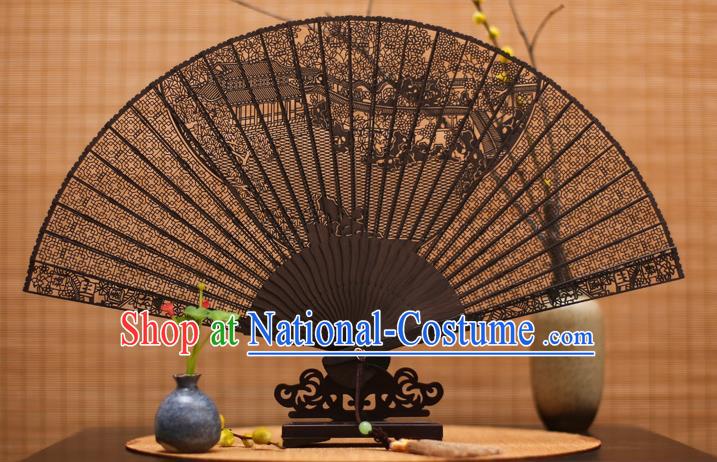 Traditional Chinese Crafts Ebony Folding Fan Carving Courtyard Sandalwood Fans for Women