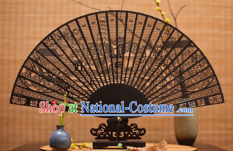 Traditional Chinese Crafts Ebony Folding Fan Carving Pagoda Sandalwood Fans for Women