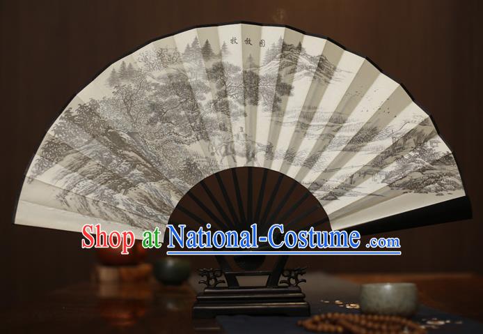 Traditional Chinese Crafts Printing Forest White Folding Fan, China Sculpture Framework Silk Fans for Men