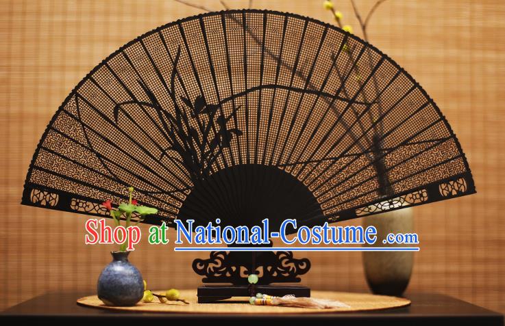 Traditional Chinese Crafts Ebony Folding Fan Carving Orchid Sandalwood Fans for Women