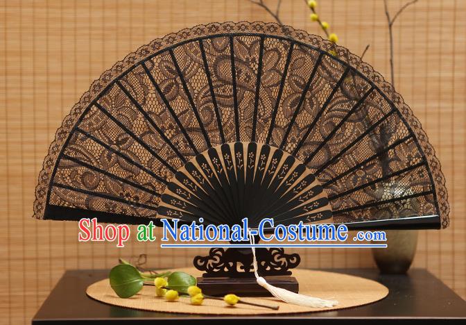 Traditional Chinese Crafts Black Lace Folding Fan Hollow Out Fans for Women