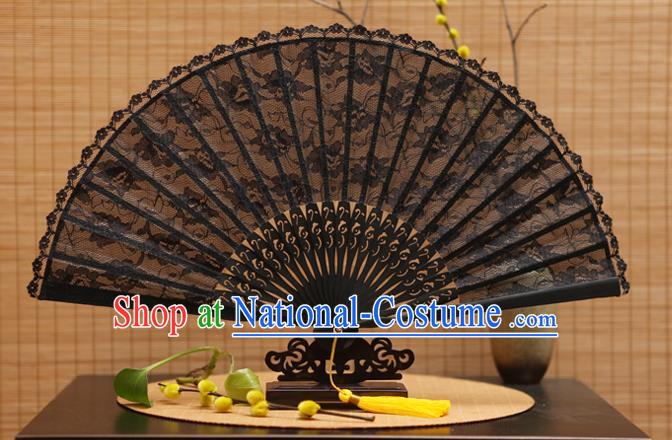 Traditional Chinese Crafts Black Lace Folding Fan Hollow Out Flowers Fans for Women