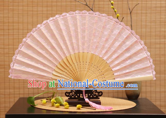 Traditional Chinese Crafts Pink Lace Folding Fan Hollow Out Flowers Fans for Women