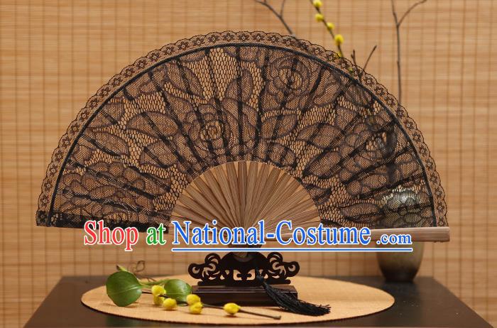 Traditional Chinese Crafts Black Lace Folding Fan Hollow Out Rose Fans for Women