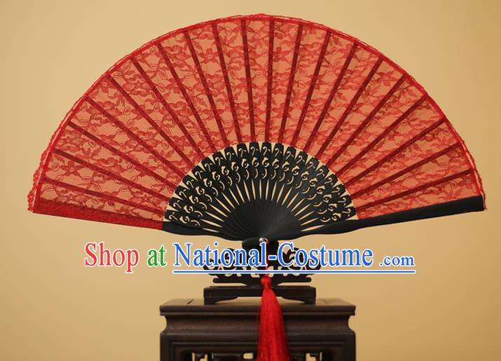 Traditional Chinese Crafts Red Lace Folding Fan Hollow Out Flowers Fans for Women