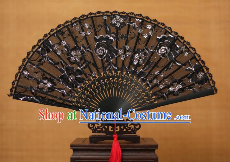 Traditional Chinese Crafts Black Lace Folding Fan Hollow Out Fans for Women