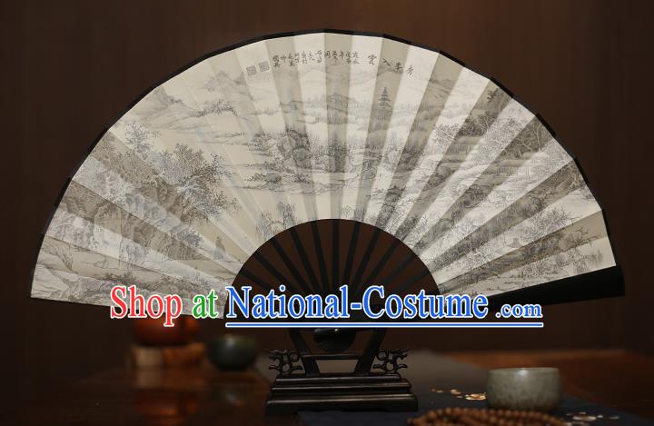 Traditional Chinese Crafts Printing Landscape White Folding Fan, China Sculpture Framework Silk Fans for Men