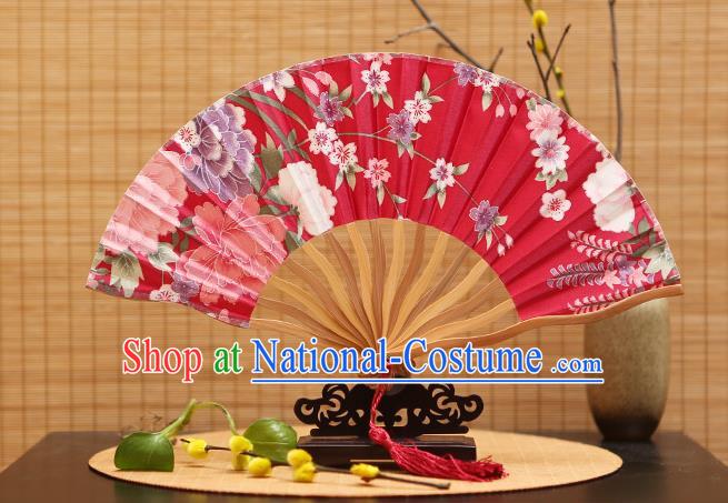 Traditional Chinese Crafts Printing Red Silk Folding Fan Sensu Fans for Women