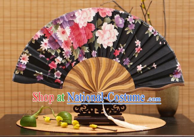 Traditional Chinese Crafts Printing Black Silk Folding Fan Sensu Fans for Women