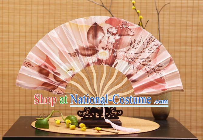 Traditional Chinese Crafts Printing Pink Silk Folding Fan Sensu Fans for Women