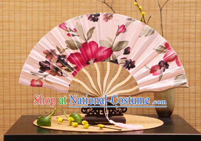 Traditional Chinese Crafts Printing Flowers Pink Silk Folding Fan Sensu Fans for Women