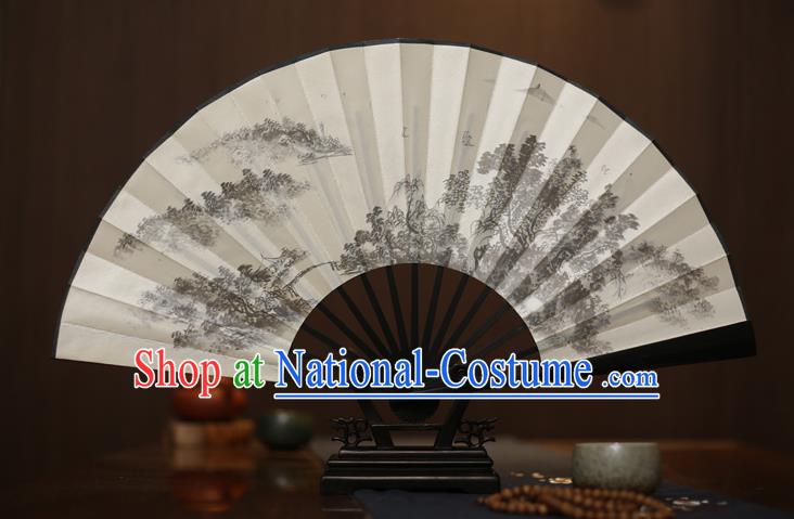 Traditional Chinese Crafts Printing White Folding Fan, China Sculpture Framework Silk Fans for Men