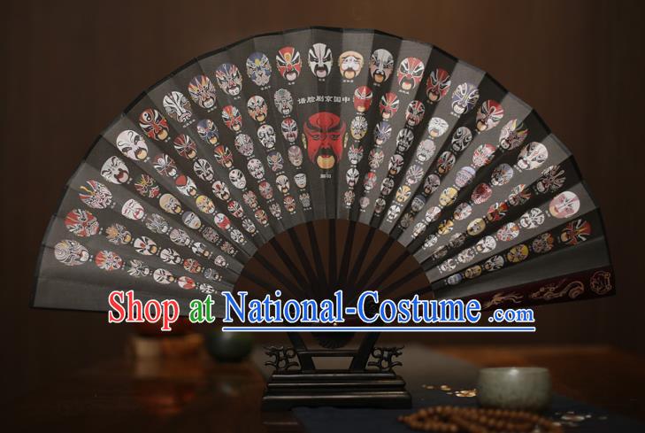 Traditional Chinese Crafts Printing Facial Makeup Black Folding Fan, China Sculpture Framework Silk Fans for Men