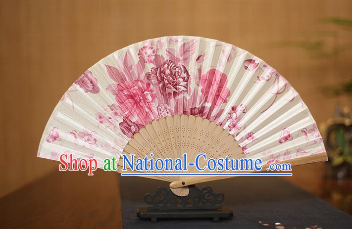 Traditional Chinese Crafts White Folding Fans Printing Flowers Silk Fan for Women