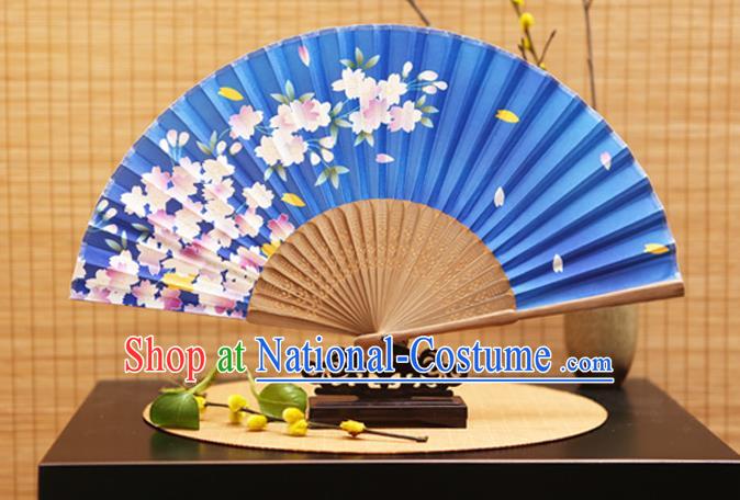 Traditional Chinese Crafts Folding Fans Printing Begonia Flowers Blue Silk Fan for Women