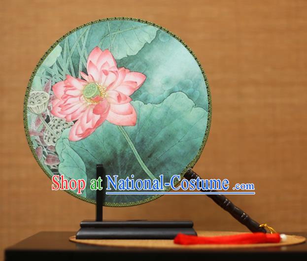 Traditional Chinese Crafts Printing Lotus Round Fan, China Palace Fans Princess Silk Circular Fans for Women