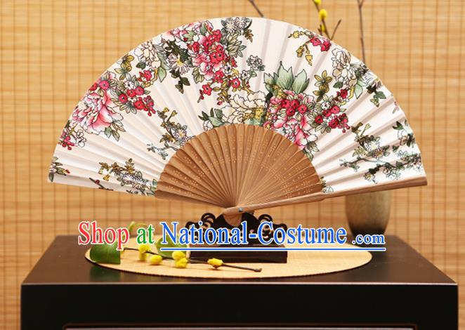 Traditional Chinese Crafts Folding Fans Printing Flowers White Silk Fan for Women