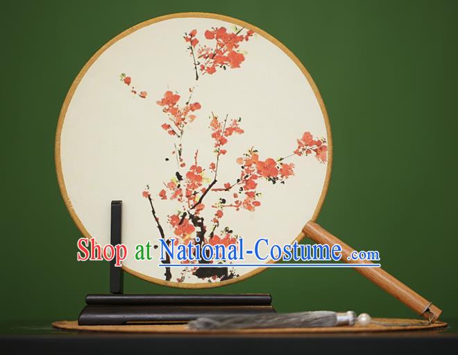 Traditional Chinese Crafts Painting Plum Blossom Rosewood Round Fan, China Palace Fans Princess Silk Circular Fans for Women