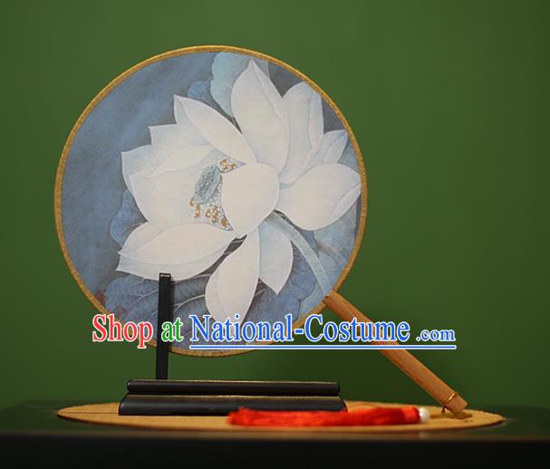 Traditional Chinese Crafts Painting Lotus Rosewood Round Fan, China Palace Fans Princess Silk Circular Fans for Women