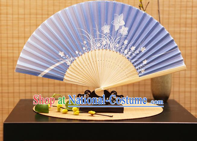 Traditional Chinese Crafts Folding Fans Printing Orchid Blue Silk Fan for Women