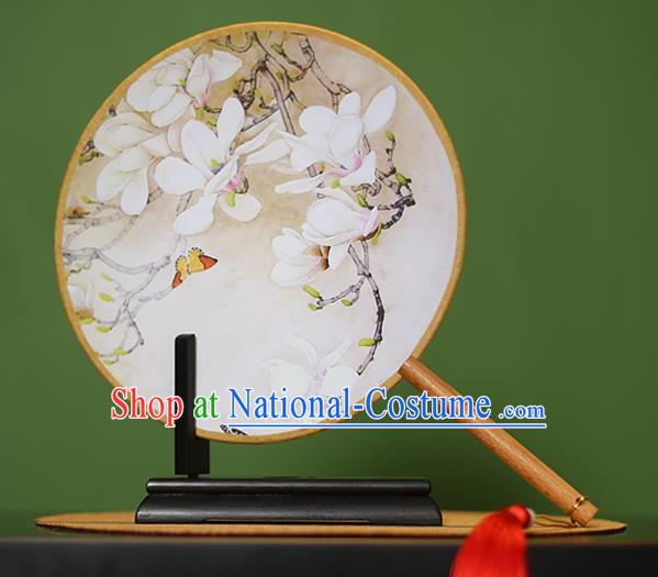 Traditional Chinese Crafts Painting Magnolia Rosewood Round Fan, China Palace Fans Princess Silk Circular Fans for Women