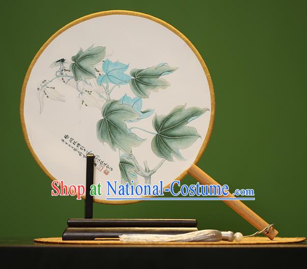 Traditional Chinese Crafts Painting Leaf Rosewood Round Fan, China Palace Fans Princess Silk Circular Fans for Women