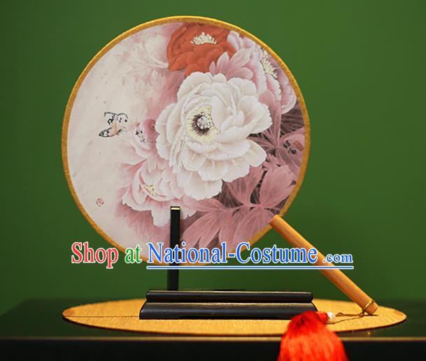 Traditional Chinese Crafts Painting Peony Rosewood Round Fan, China Palace Fans Princess Silk Circular Fans for Women