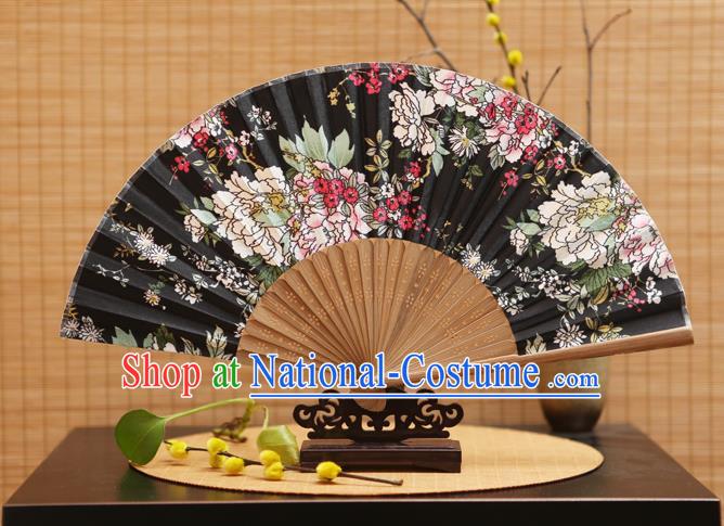 Traditional Chinese Crafts Folding Fans Printing Flowers Black Silk Fan for Women