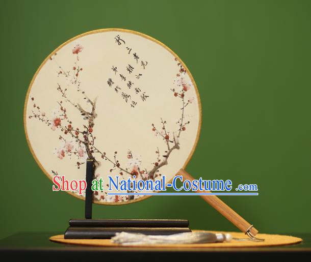 Traditional Chinese Crafts Ink Painting Wintersweet Rosewood Round Fan, China Palace Fans Princess Silk Circular Fans for Women