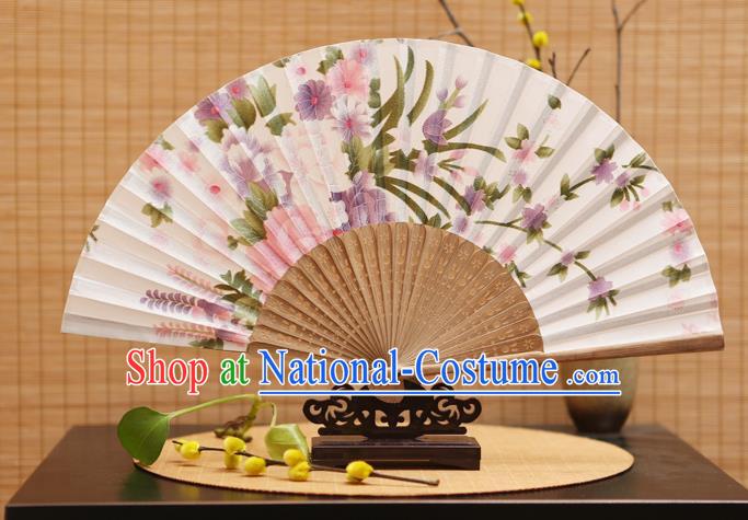 Traditional Chinese Crafts Folding Fans Printing Peony Flowers White Silk Fan for Women