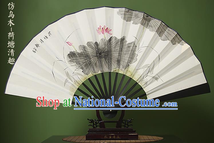 Traditional Chinese Crafts Ink Painting Lotus White Folding Fan Paper Fans for Women