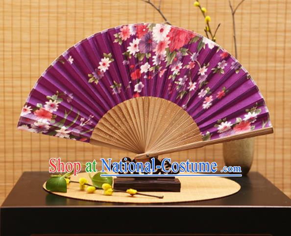 Traditional Chinese Crafts Folding Fans Printing Flowers Purple Silk Fan for Women