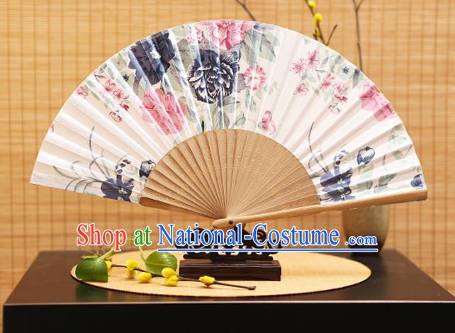 Traditional Chinese Crafts Folding Fans Printing Flowers White Silk Fan for Women