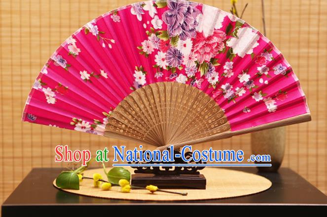 Traditional Chinese Crafts Folding Fans Printing Flowers Rosy Silk Fan for Women