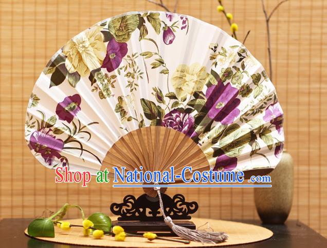 Traditional Chinese Crafts Shell Silk Folding Fan Ink Painting Purple Flowers Bamboo Fans for Women