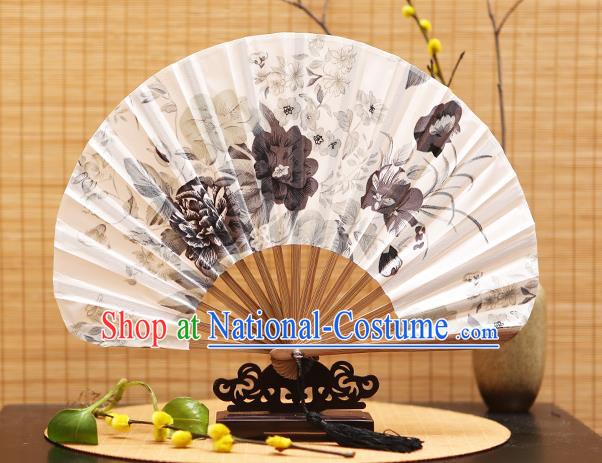 Traditional Chinese Crafts Shell Silk Folding Fan Ink Painting Peony Flowers Bamboo Fans for Women