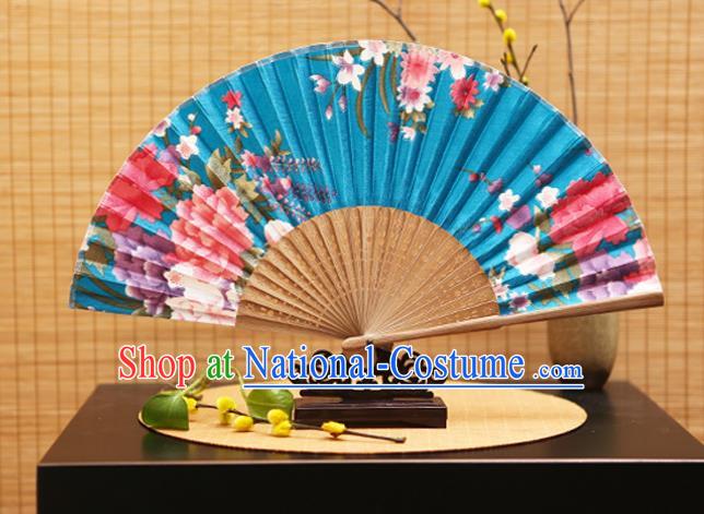 Traditional Chinese Crafts Folding Fans Printing Peony Flowers Blue Silk Fan for Women