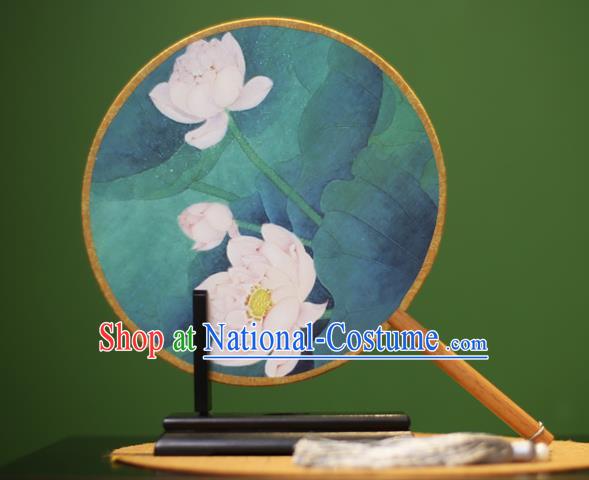 Traditional Chinese Crafts Printing Lotus Round Fan, China Palace Fans Princess Silk Circular Fans for Women