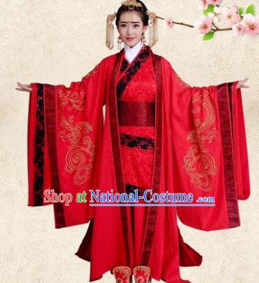 Traditional Chinese Ancient Imperial Empress Wedding Costume, China Han Dynasty Bride Trailing Embroidered Hanfu Clothing for Women