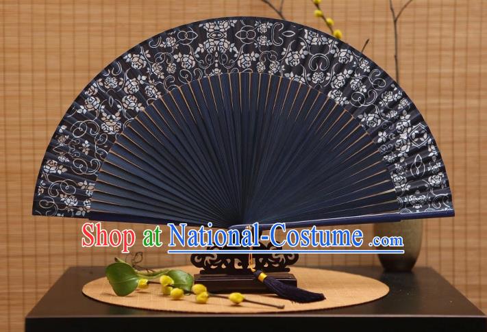 Traditional Chinese Crafts Printing Flowers Black Silk Folding Fan Sensu Fans for Women