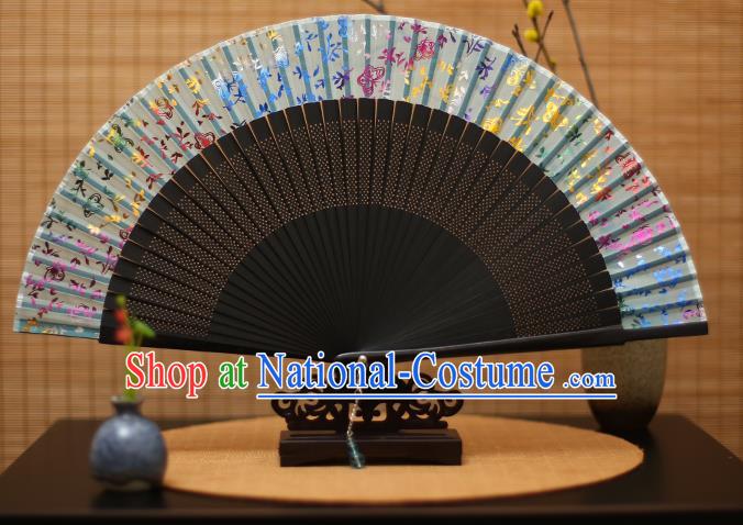 Traditional Chinese Crafts Printing Flowers Green Silk Folding Fan Sensu Fans for Women