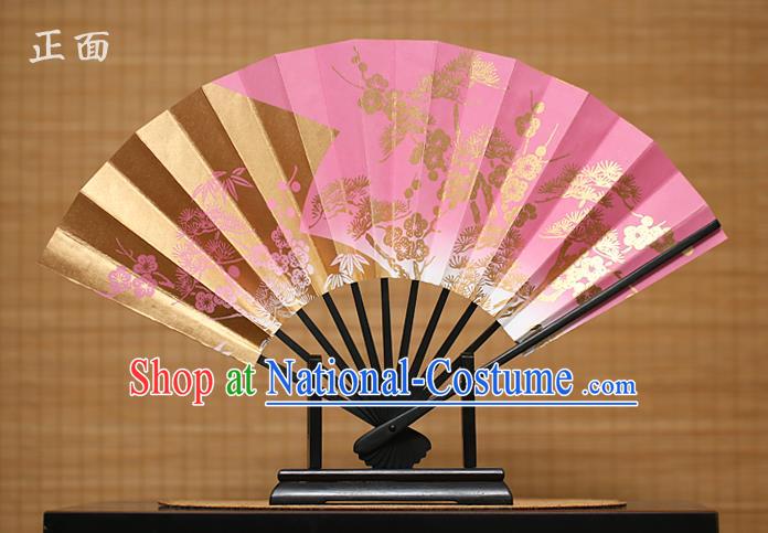 Traditional Chinese Crafts Printing Pineburst Pink Paper Folding Fan Sensu Fans for Women