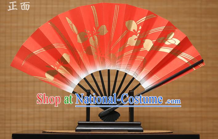 Traditional Chinese Crafts Printing Orchid Red Paper Folding Fan Sensu Fans for Women