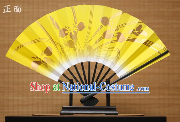 Traditional Chinese Crafts Printing Orchid Yellow Paper Folding Fan Sensu Fans for Women