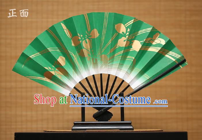 Traditional Chinese Crafts Printing Orchid Green Paper Folding Fan Sensu Fans for Women