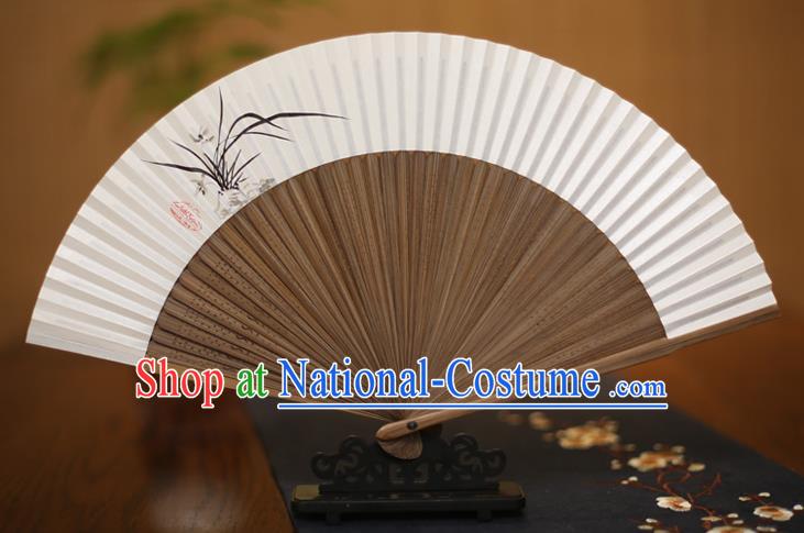 Traditional Chinese Crafts Ink Painting Orchid Folding Fan Paper Fans for Men