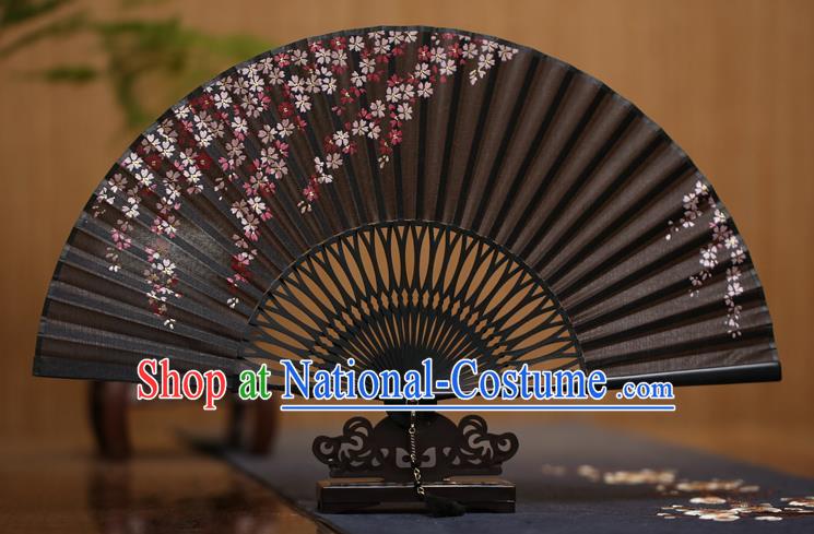 Traditional Chinese Crafts Printing Oriental Cherry Black Folding Fan Paper Fans for Men